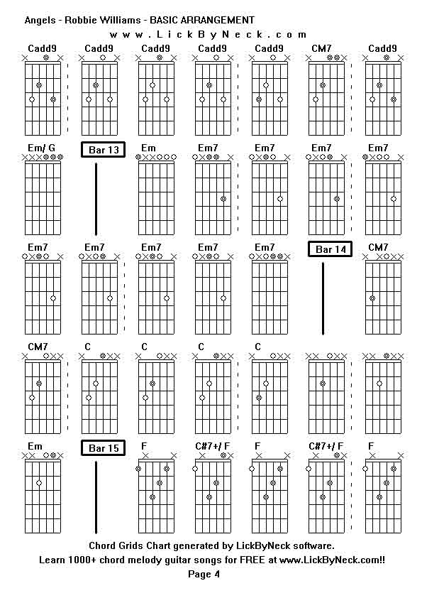 Chord Grids Chart of chord melody fingerstyle guitar song-Angels - Robbie Williams - BASIC ARRANGEMENT,generated by LickByNeck software.